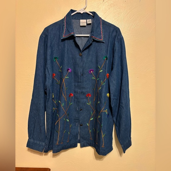 Haband Jackets & Blazers - Haband Blue Denim Jacket with Colorful Floral Embroidery